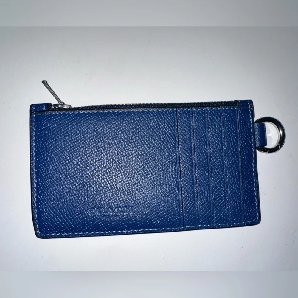 Coach Pebbled Leather Zip Card Case Wallet | Blue | Key Ring